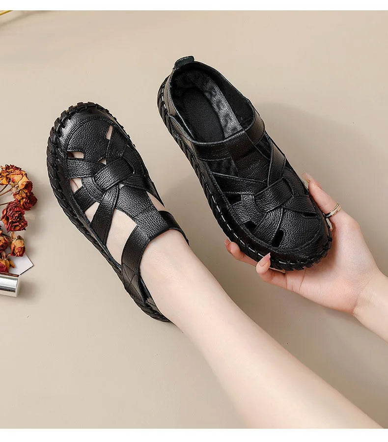 New patches gladiator sandals women's handmade bohemian shoes big size 43 woman real leather sandal ladies patchwork strap flats