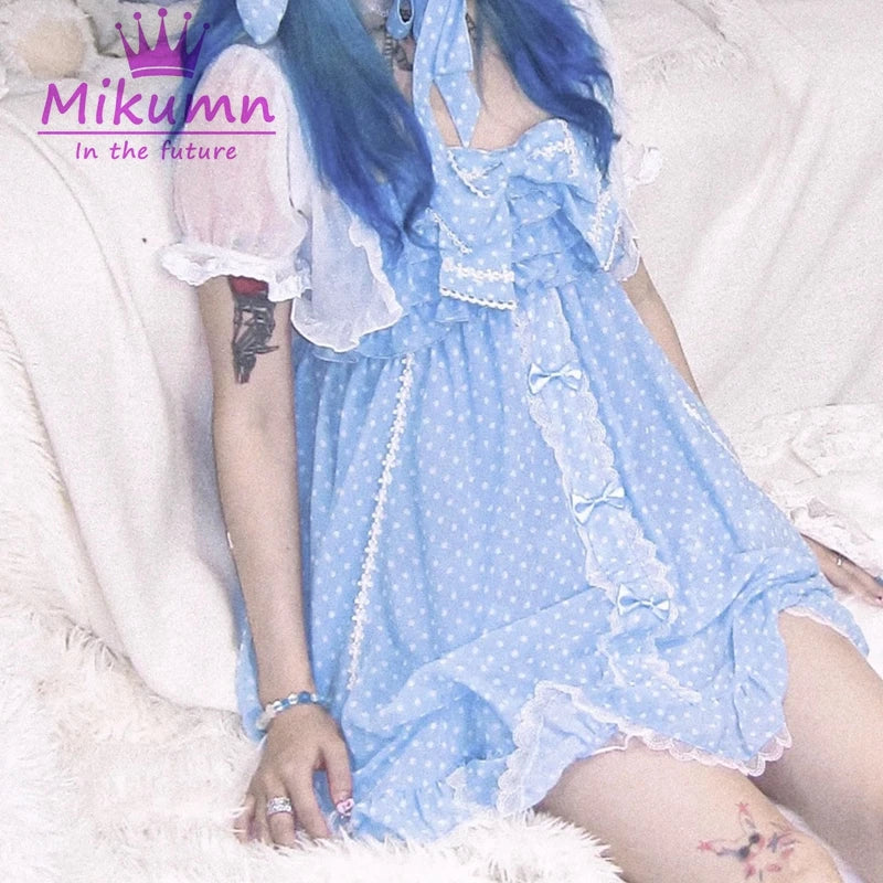 Mikumn Gothic Girls Vintage Pink Polka Dot Dress Harajuku Japanese Y2k Black Bow Kawaii Women Sleeveless Strap Mini Dresses