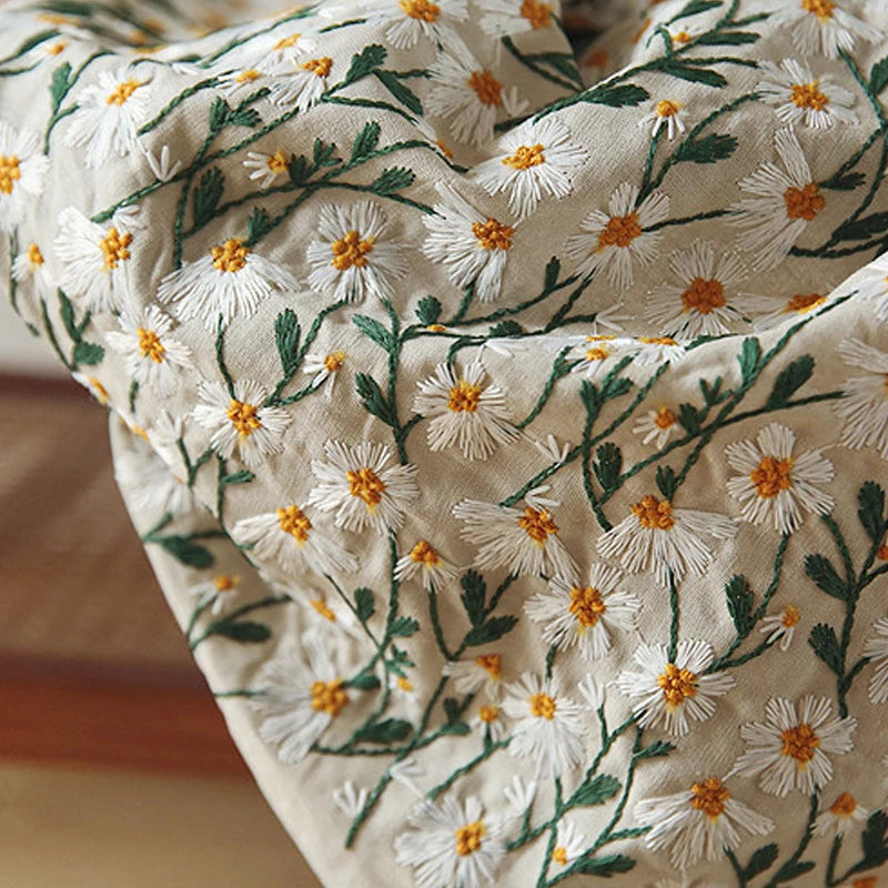 Retro Daisy Embroidery Cotton Linen Fabric – 135cm Wide