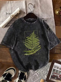 Vintage Washed T-shirt with Fern Leaf & Botanical Print - Soft Relaxed Fit Short Sleeve Round Neck Casual Top,Fern Leaf Shirt