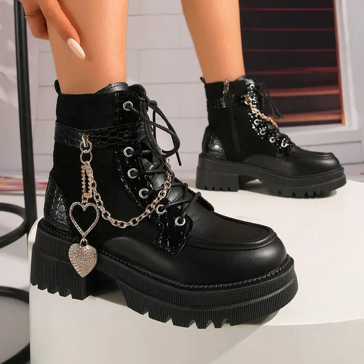 Metal Chain Mid-Calf Boots – Square Heel
