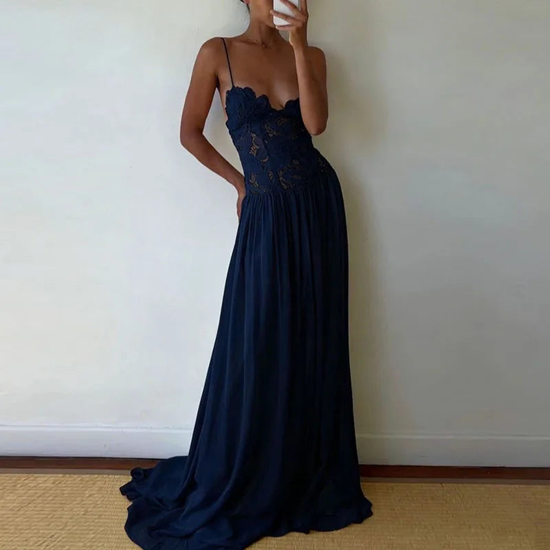 Elegant Pure Color Chiffon Dress Sexy Lace Spliced Mesh Pleated Evening Dress Fashion Hollow Out Sleeveless Halter Banquet Dress