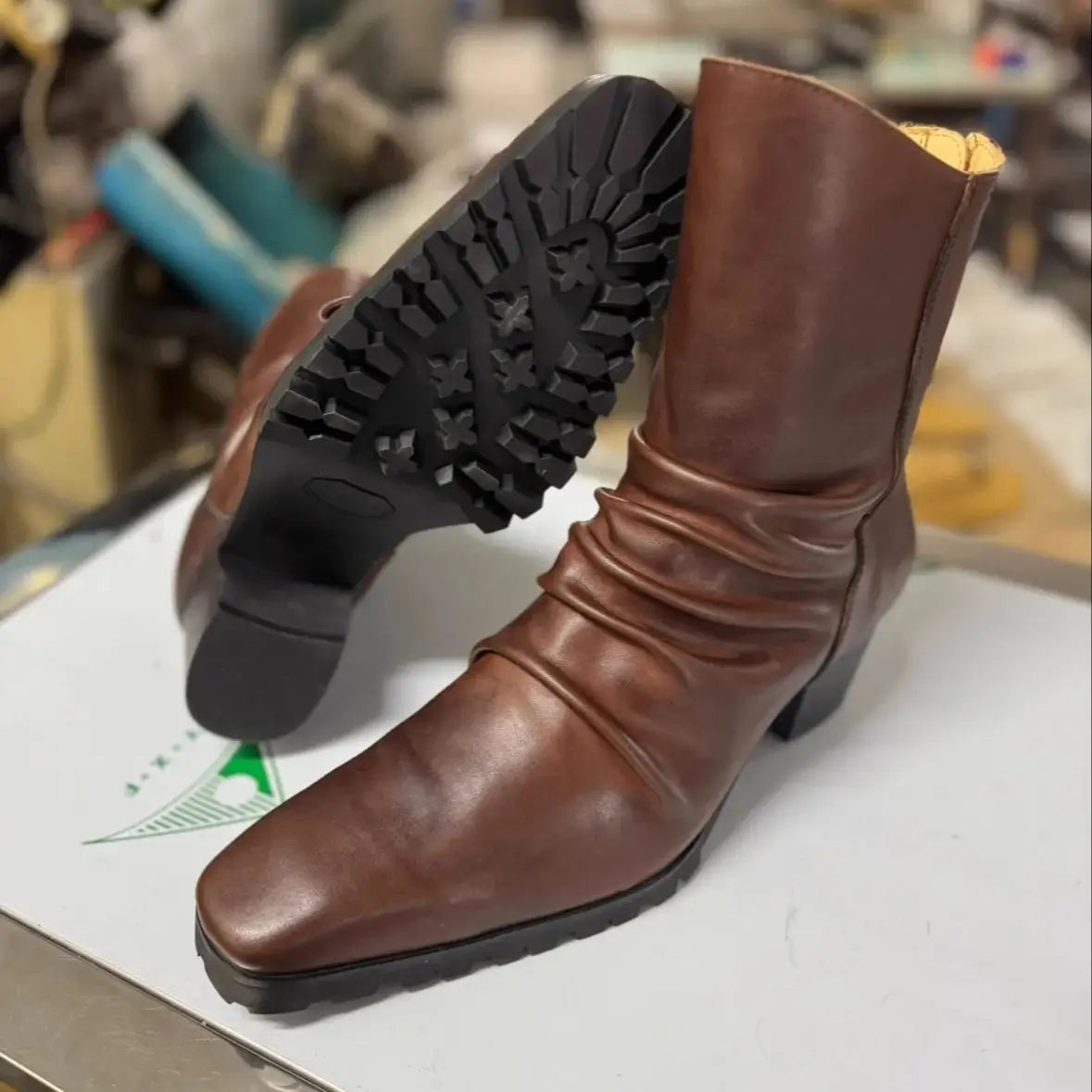 Pleated Cow Leather Chelsea Boots - Pointed Toe Zip Wedge Heel Yuppie Style