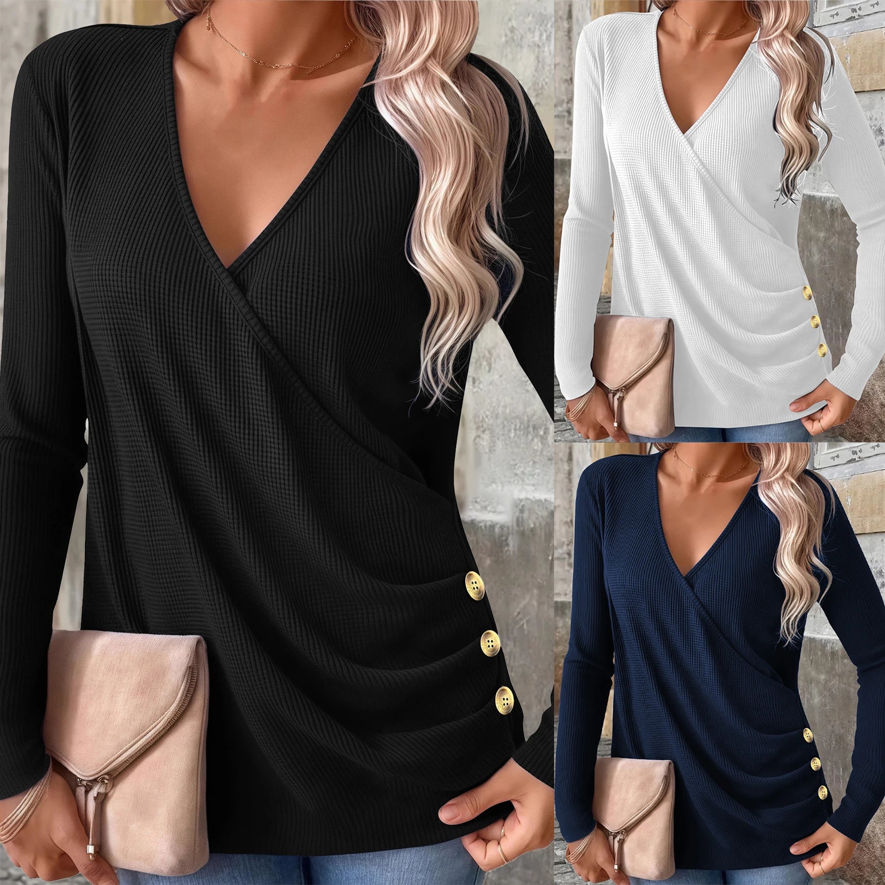 Plus Size Waffle Knit T-Shirt for Women, Elegant V-Neck Button Down Long Sleeve Top, Fall Comfort Fit Blouse