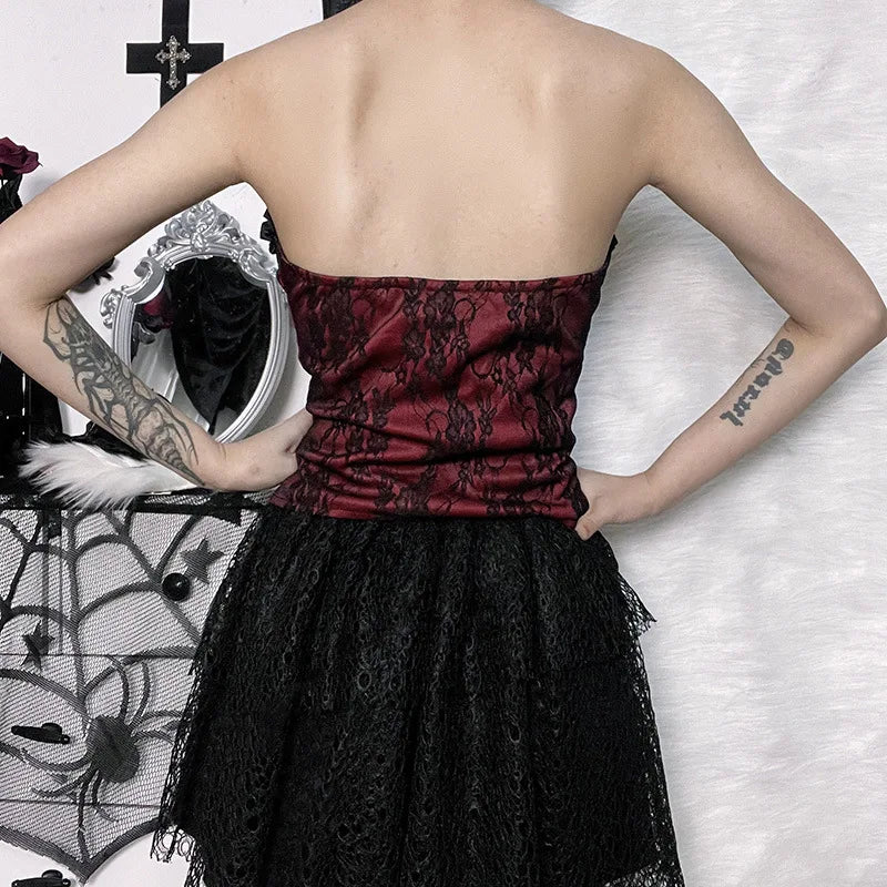 Unholy Lace Halter - Black Goth Corset Top With Cross And Red Velvet