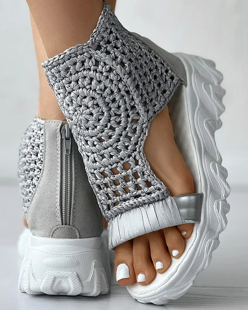Hot Seller Gold Knitted Sandals for Women Braided Elastic Summer Shoe Mesh Flat Bottom Hollow Out Female Sandals Sandalias Mujer