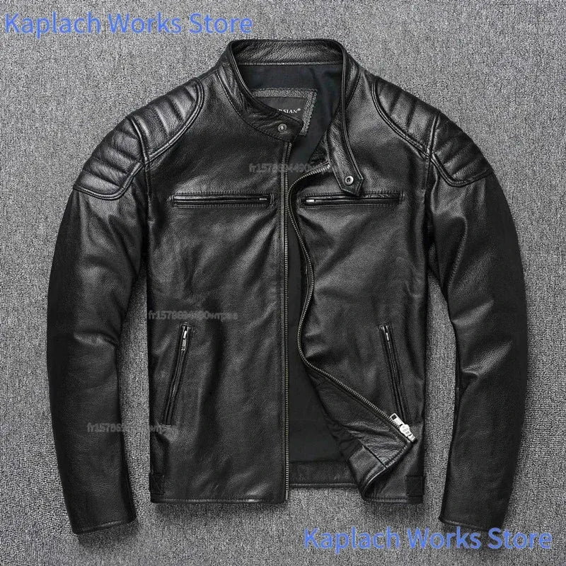 IRON HIDE - Men's 100% Genuine Cowhide Motorcycle Jacket - Stand Collar Biker Leather Coat Plus Size