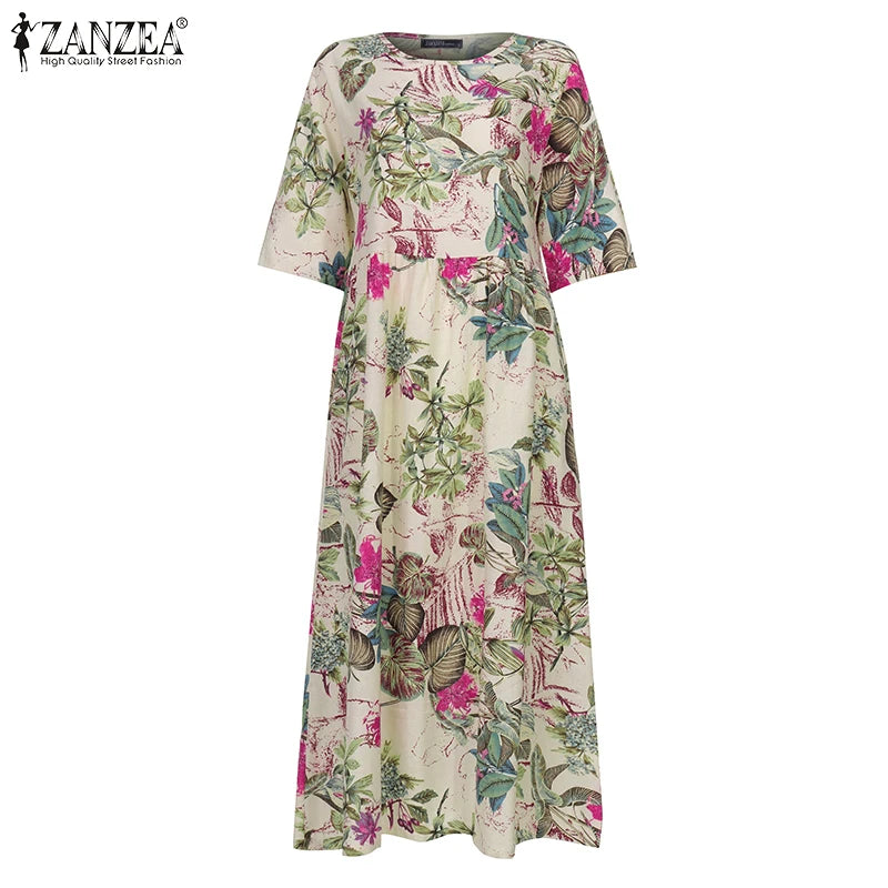 Women's Summer Short Sleeve Sundress ZANZEA Woman Floral Printed Dress Bohemian Elegant Casual Oversized  Holiday Long Dresses