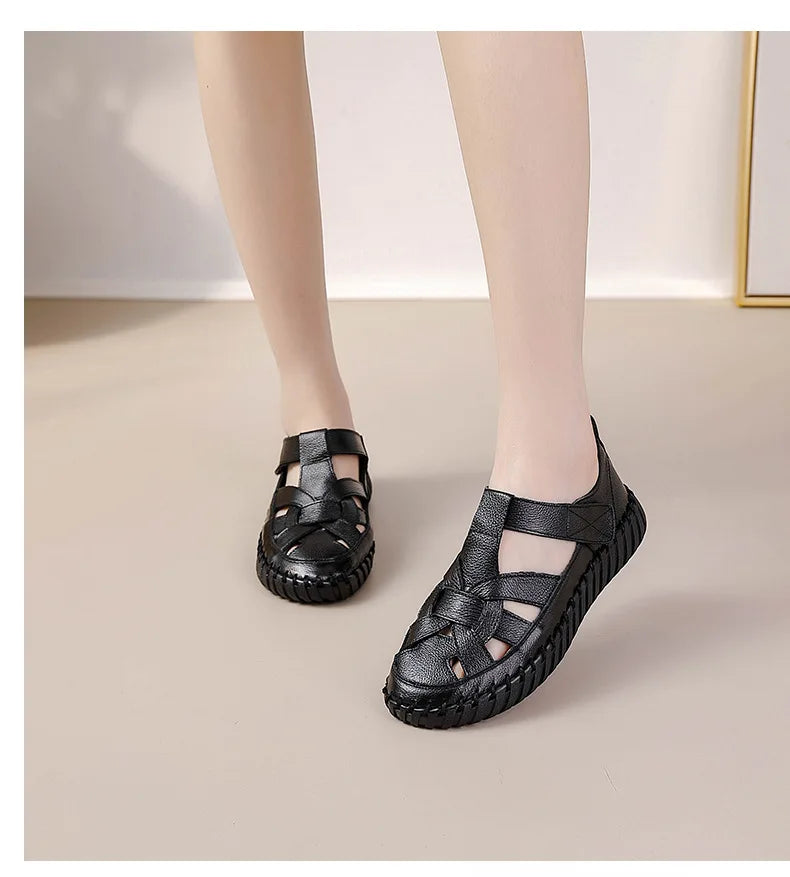 New patches gladiator sandals women's handmade bohemian shoes big size 43 woman real leather sandal ladies patchwork strap flats