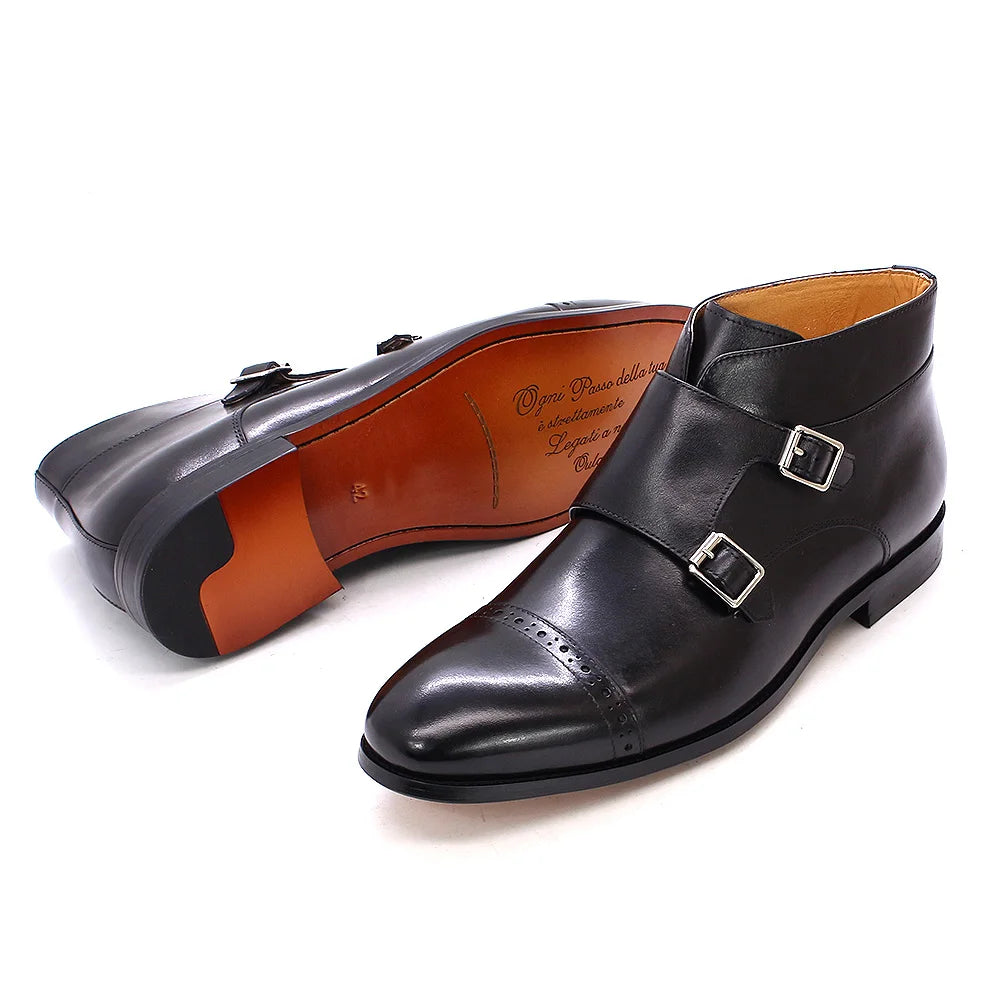 DOUBLE BUCKLE MONK STRAP BOOTS - Men's Genuine Calf Leather Ankle Boots Retro Cowboy Style - Black & Brown