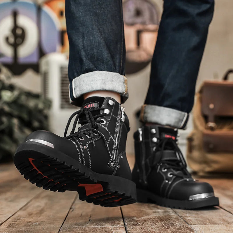 Men's Punk Rock Knight Boots Metal Rivets - Leather Motorcycle Winter EU 38-46