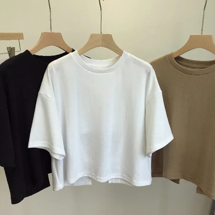 Summer Vintage Women's Short Sleeve Tee Korean Casual Backless Overside T-Shirt Round Neck Short-Sleeved Crop Tops Y2k Brown Top