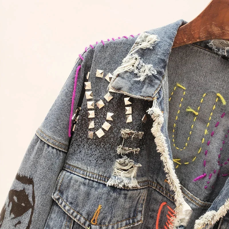 Fringe Frayed Denim Jacket - Rivet Detail