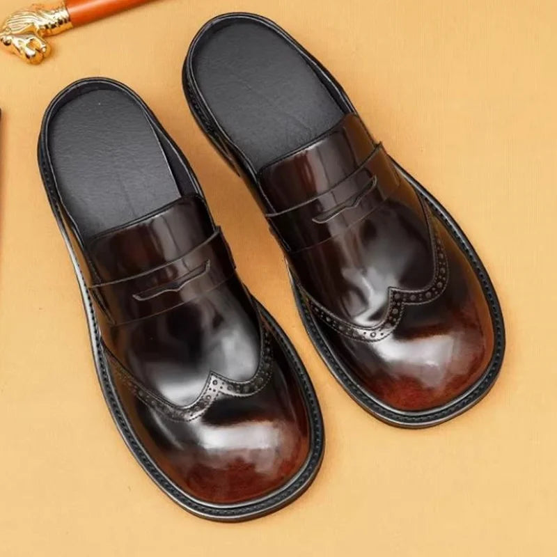 Men's Genuine Leather Platform Mules - Round Toe Slip-On Formal Half Shoes