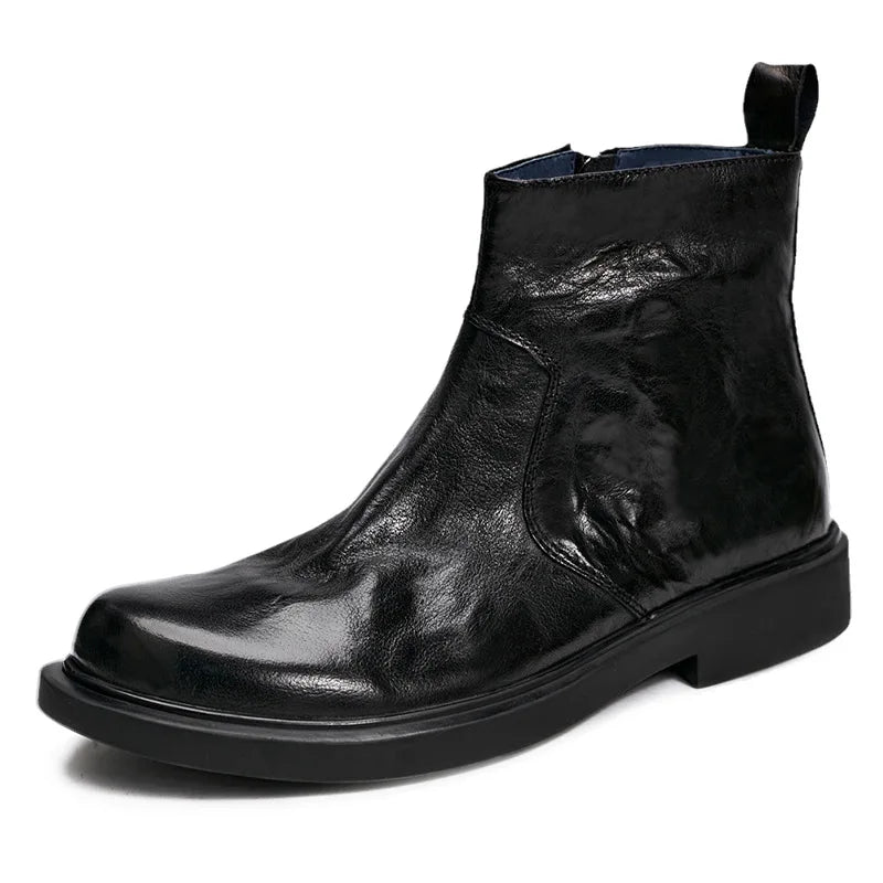 Men's Handmade Genuine Leather Chelsea Boots - Waterproof Side Zip Round Toe British Style