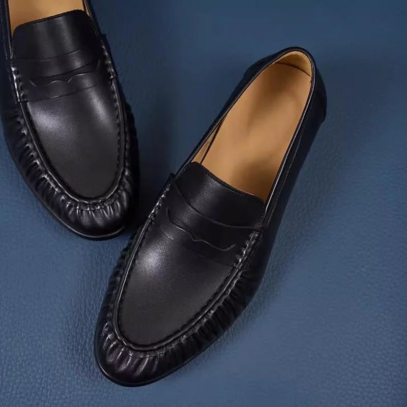 Men's Genuine Leather Loafers - Vintage Pleated Pointed Toe Slip-On Handmade