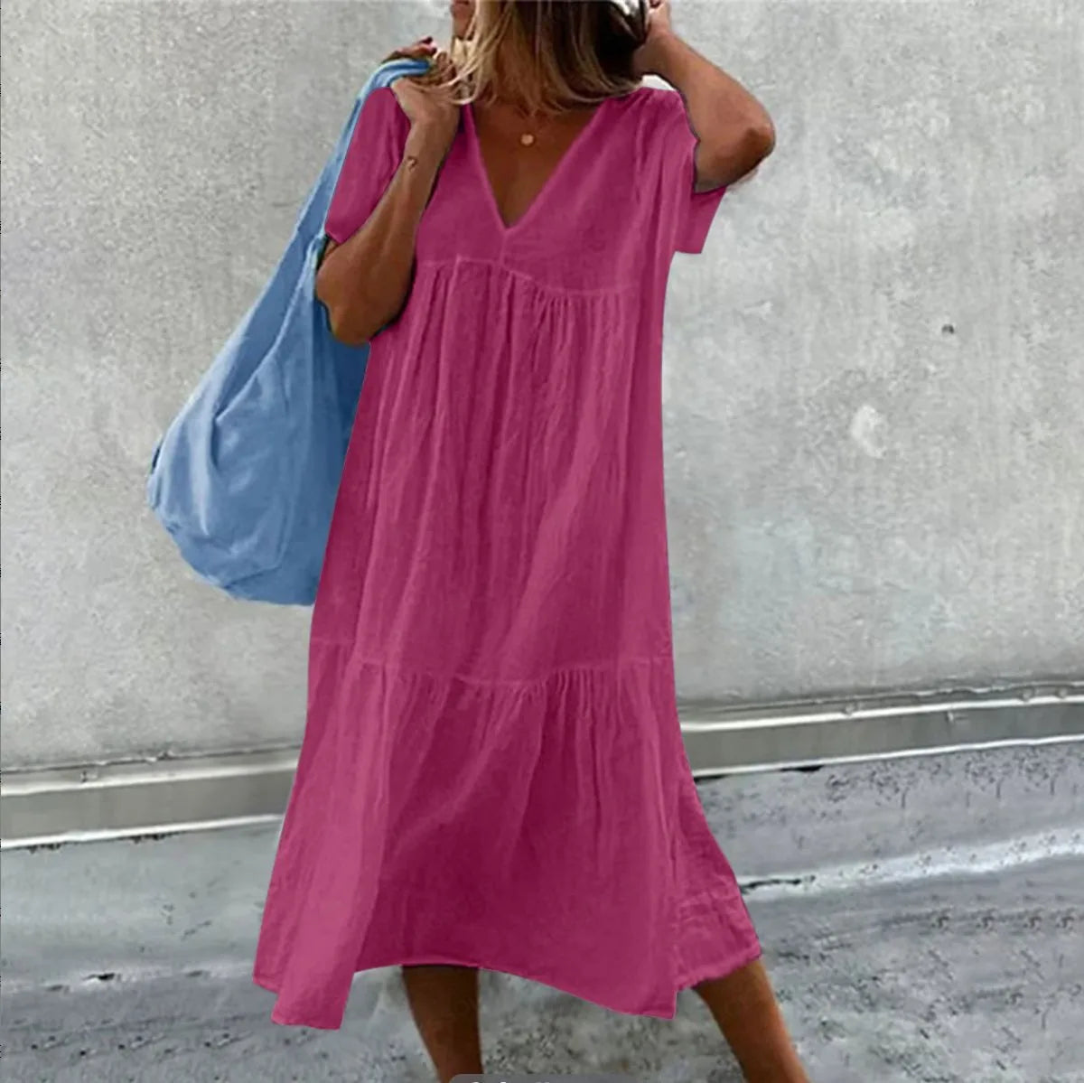 2025 New Women's Long Skirt Cotton Linen Short Sleeve O-neck Loose Solid Color Fashion Simple Vacation Pink Dress
