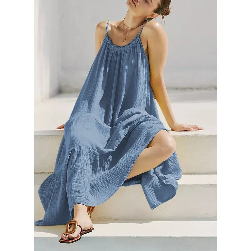 Vacation Spaghetti Strap Backless Maxi Dress for Women, Ruffle Hem Loose Crinkled Cotton Summer Beach Cami Sundress