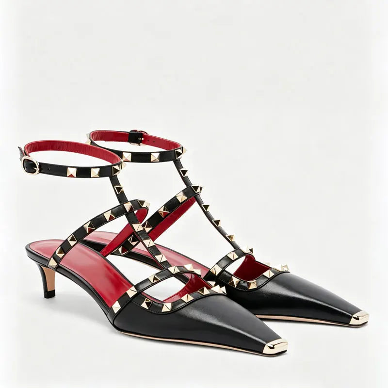 Studded High Heel Sandals – T-Strap Pointed Toe Stiletto Party Heels