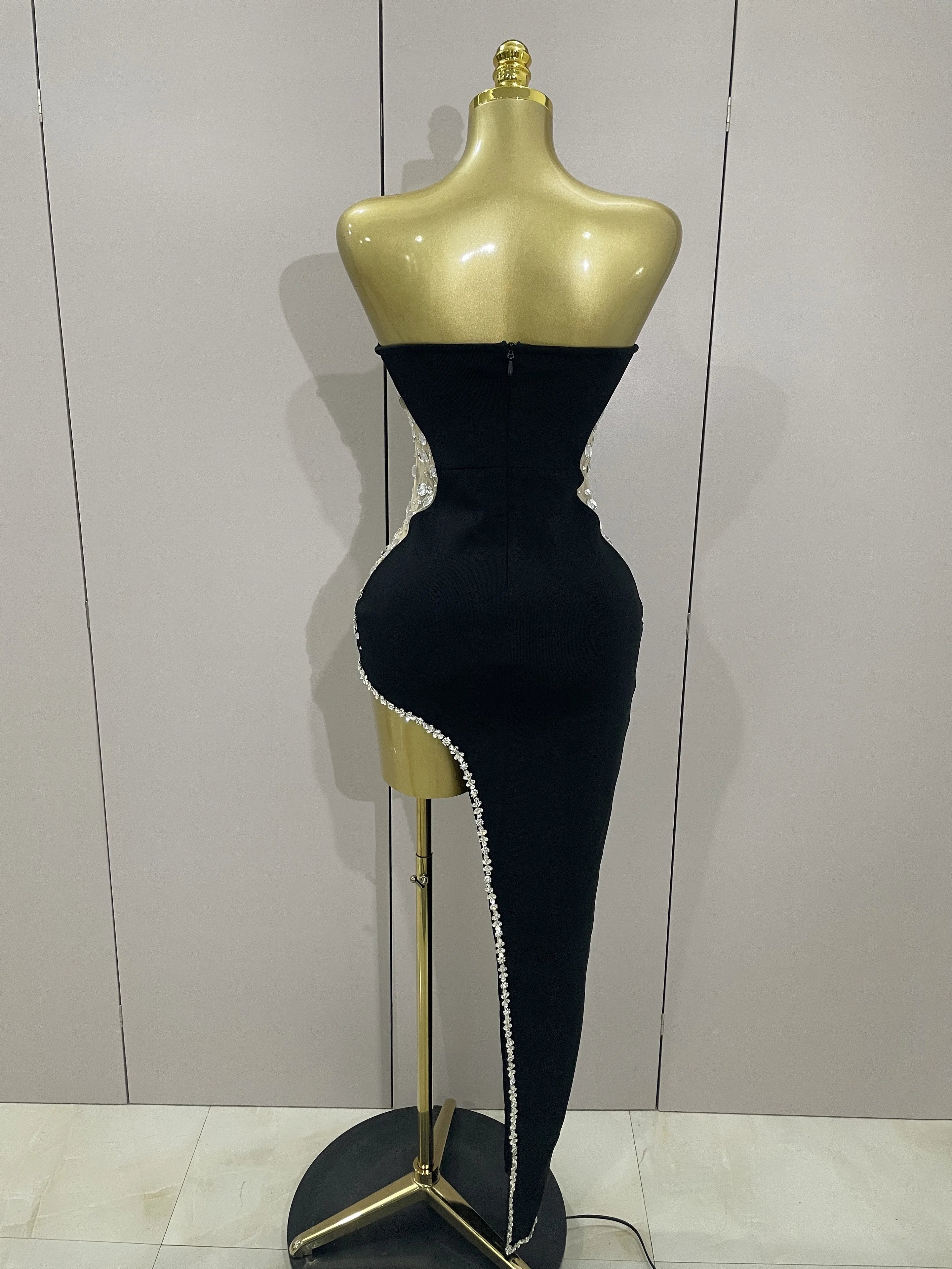 Newest High Quality Sexy Strapless Shining Rhinestones Bodycon Bandage Long Dress Women Fashion Celebrate Evening Party Vestido