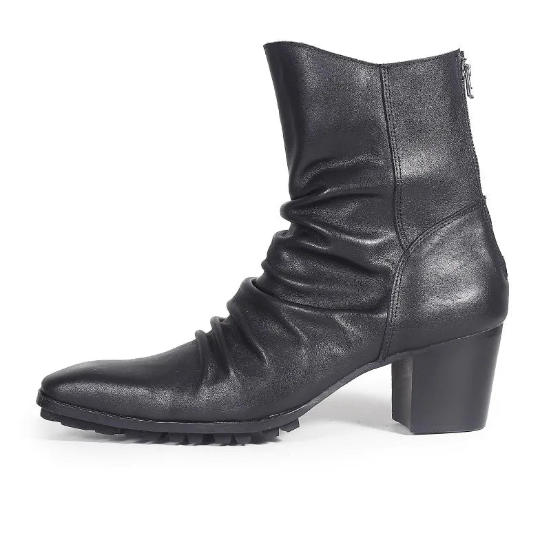 BRITISH HIGH HEEL CHELSEA BOOTS - Men's Handmade Genuine Leather Waterproof Ankle Boots Square Toe Zipper - Black