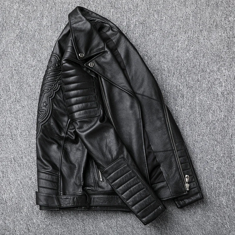 COWHIDE BIKER - Men's 100% Genuine Cowhide Leather Biker Jacket - Black, M–5XL