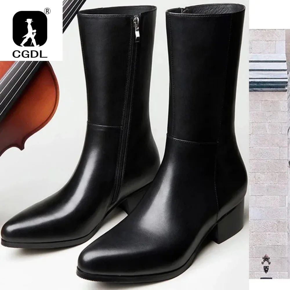 British Luxury Mid-Calf Dress Boots - Genuine Leather Pointed Toe Zip Handmade