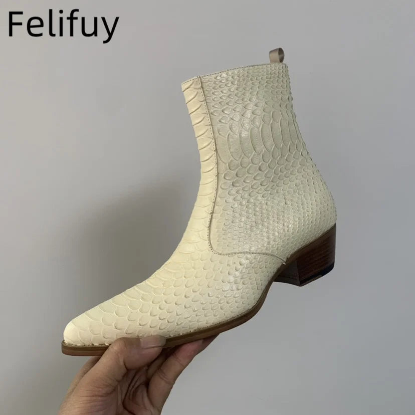 SNAKESKIN POINTED BOOTS - Men's Handmade Cow Leather Zipper Ankle Boots Snakeskin Print Party Style - Low Heel