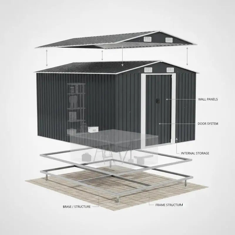 LARGE GARDEN STORAGE SHED - 257 × 392 × 181 cm - Anthracite Galvanized Steel