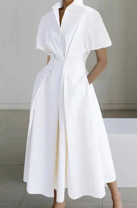 BKLD Midi Dresses 2026 Summer Office Ladies Dress Fashion High Waist A-Line Dress Turn-Down Collar Short Sleeve Women Clothing