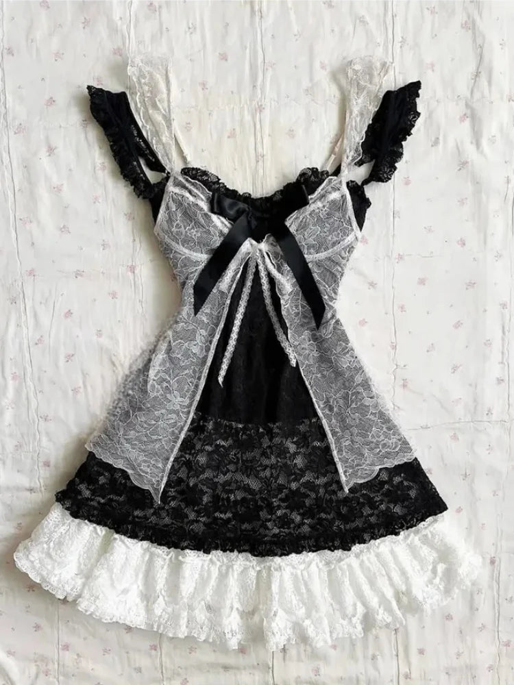 2000s Gothic Vintage Mini Dress Women Sleeveless Strap Party Dress Evening Lace Retro Cltohing Japanese Y2k Black Chic Lolita