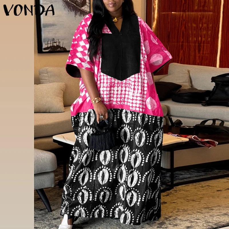 Plus Size 5XL VONDA Women Vintage Dress Bohemian Print Maxi Vetido Party 3/4 Sleeve Patchwork Robe V-Neck Casual Loose Sundress