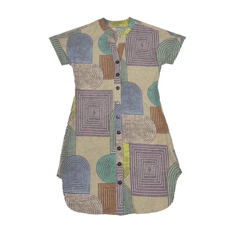 2025 European and American Women's Apparel Foreign Trade Amazon Summer Geometric Print Elegant V-Neck Button-Up Dress
