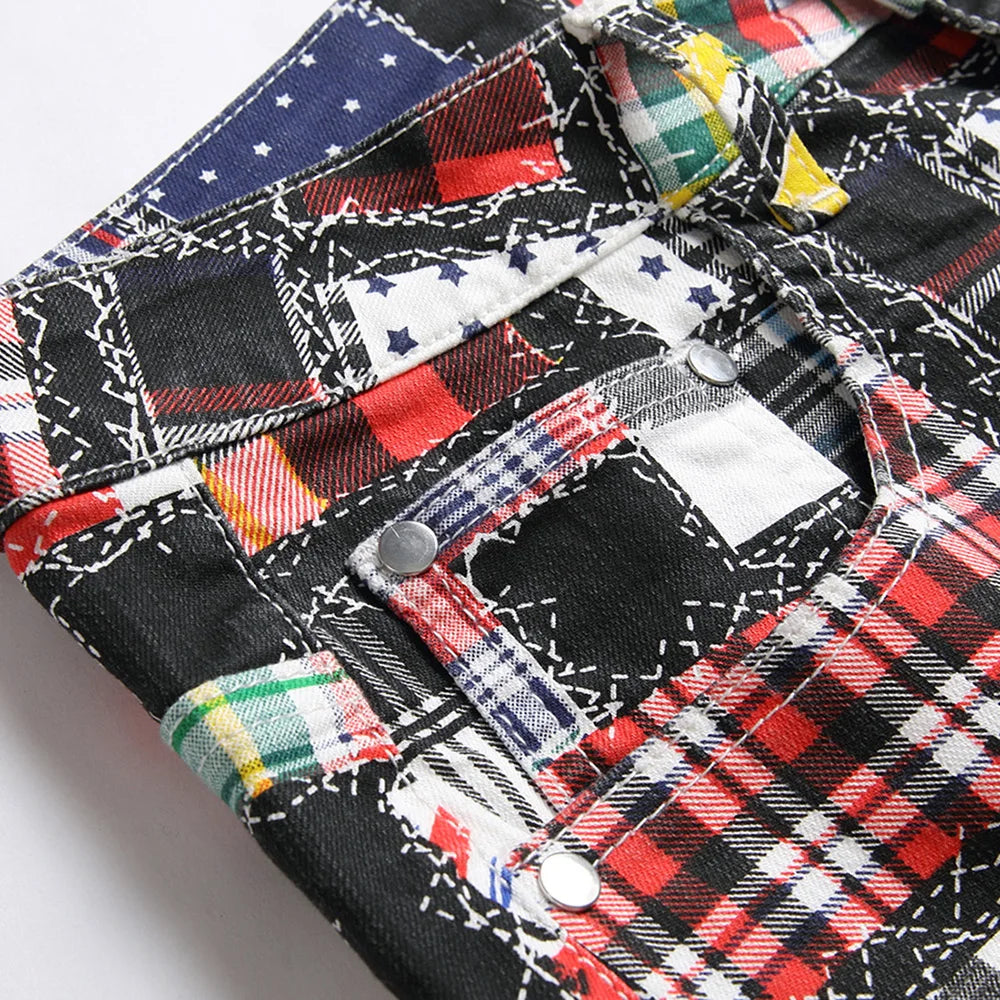 PATCH GRID - Men's Plaid Digital Print Patchwork Jeans - Slim Straight Stretch Denim