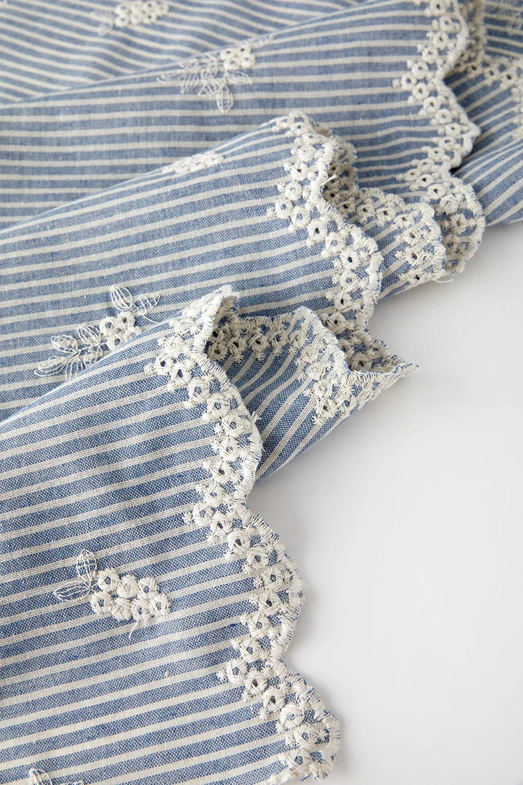 Ins Style Light Blue Striped Embroidered Polyester Cotton Fabric for Dress Shirt Kids Clothing DIY By The Yard
