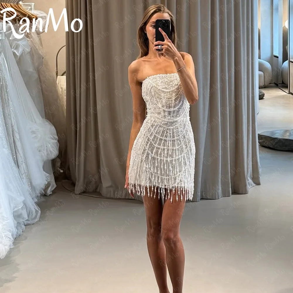 Ranmo 2025 Luxury New Beads Pearls Mini Wedding Dresses Strapless White Short Bridal Gowns Zip Prom Cocktail Dresses Customized
