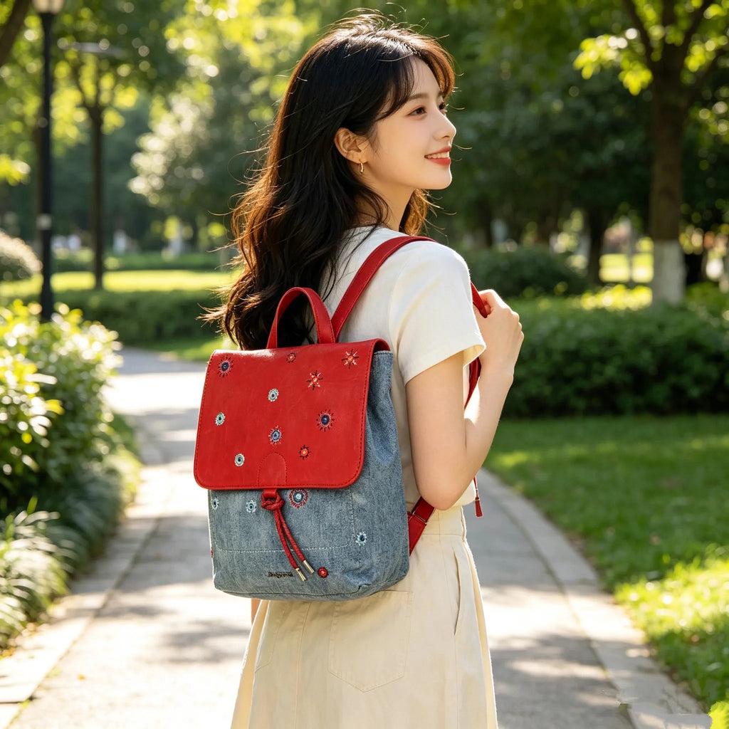 Embroidered Flap Denim Backpack