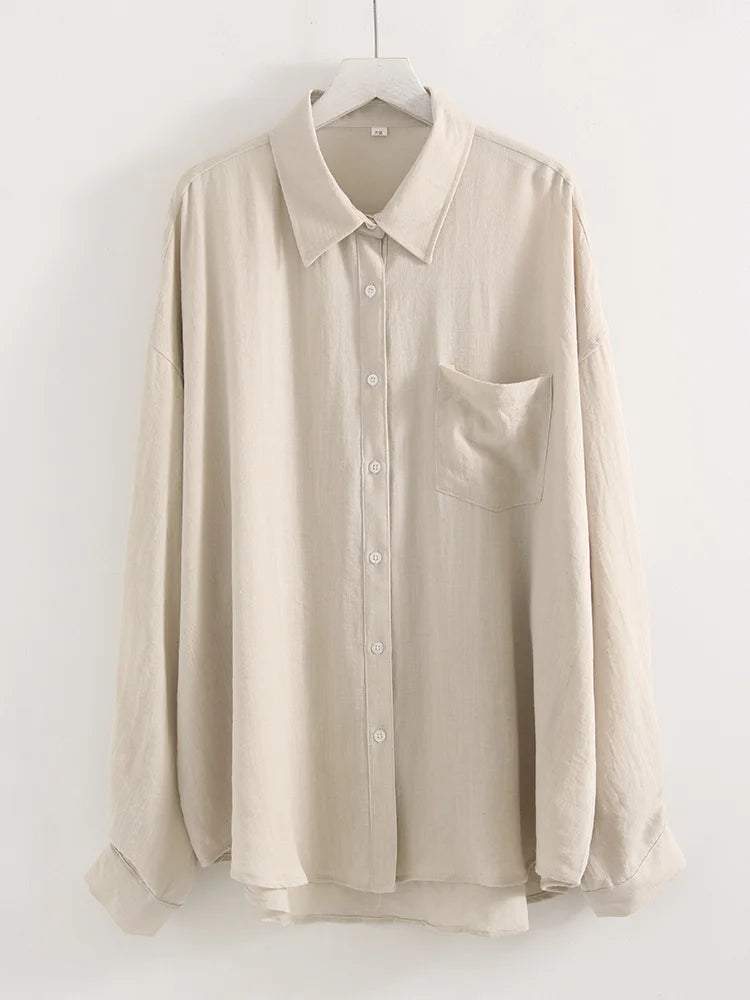 Streamgirl Summer White Linen Shirts For Women Oversized Long Sleeve Tops Lady Loose Basic Linen Tops Women Blue Shirts Oversize