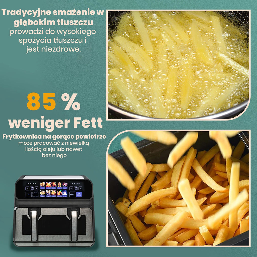 Sinaopus Air Fryer 9L XXL Dual Chamber - 2200W, LED Touch