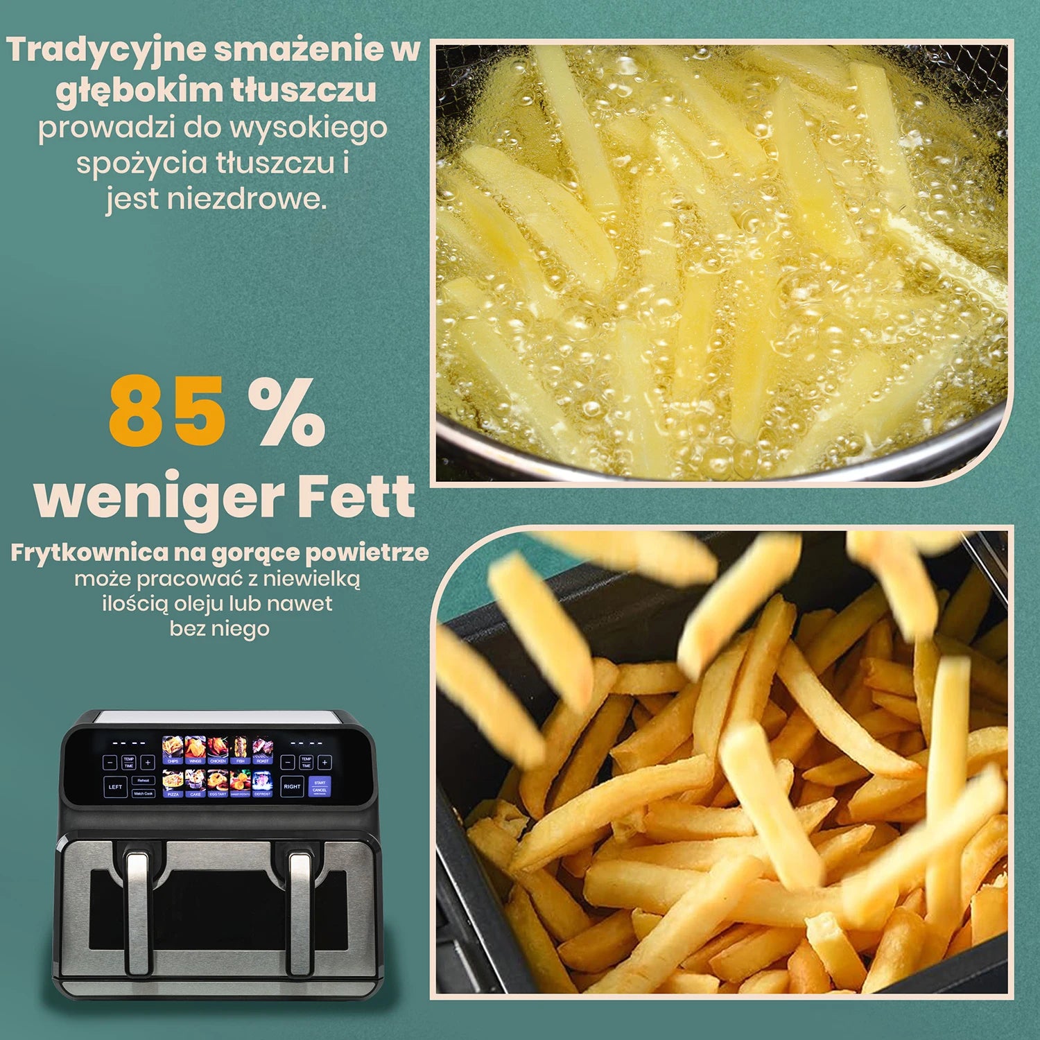 Sinaopus Air Fryer 9L XXL Dual Chamber - 2200W, LED Touch