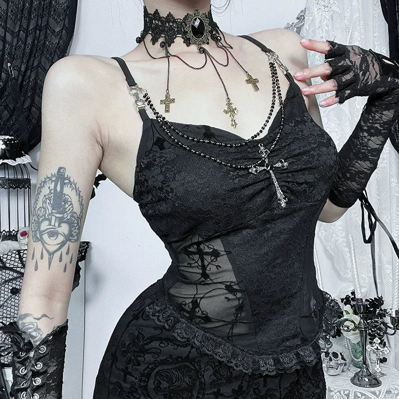 Vintage Mall Gothic Flocking Camisole Women Aesthetic Fairycore Grunge Y2k E-girl Lace Patchwork Beading Crop Tank Tops