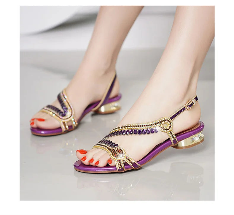 High-grade Rhinestones Fashion New Women's Summer Young Elegant Sandals Thick Heel Leisure Flat Bottomed Beach Sandals