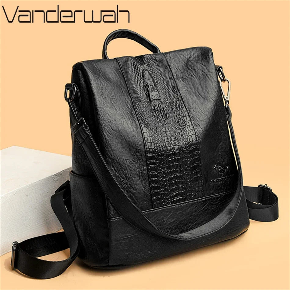 Crocodile Embossed Leather Backpack