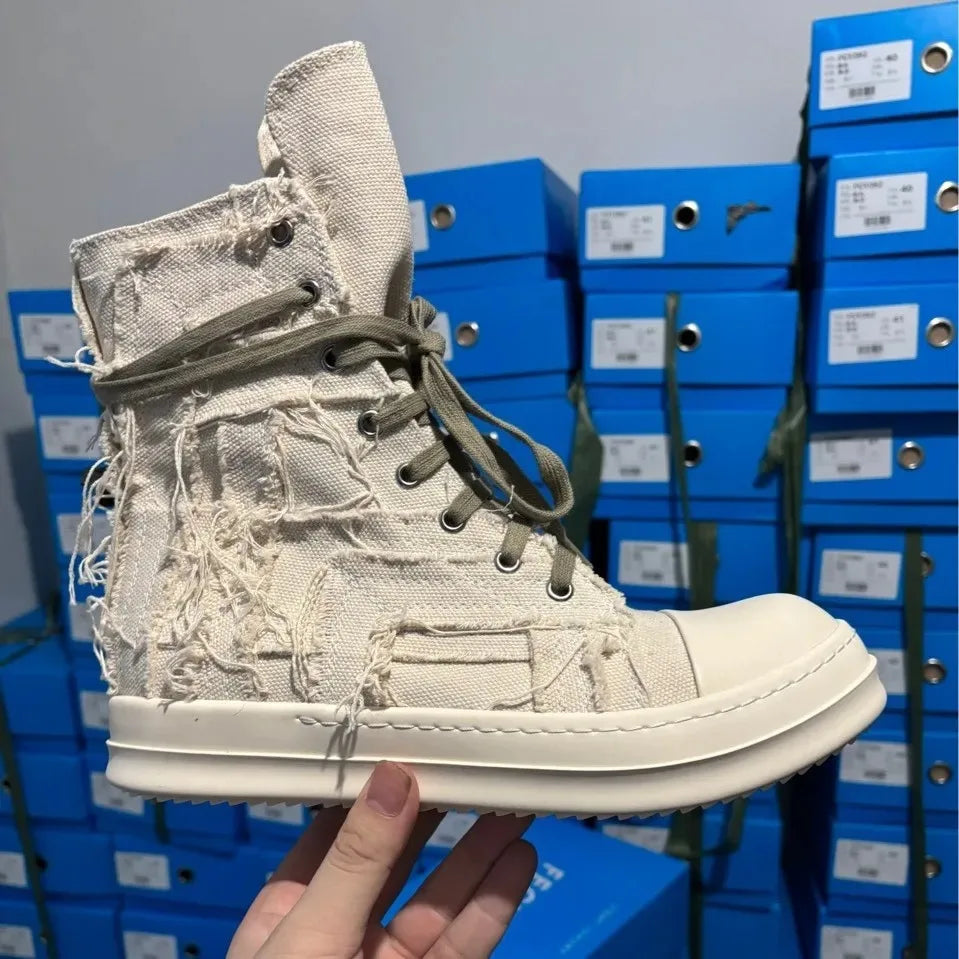 Men's High Ankle Sneakers - Jumbo Shoelace Canvas Flats Rick Owens Style