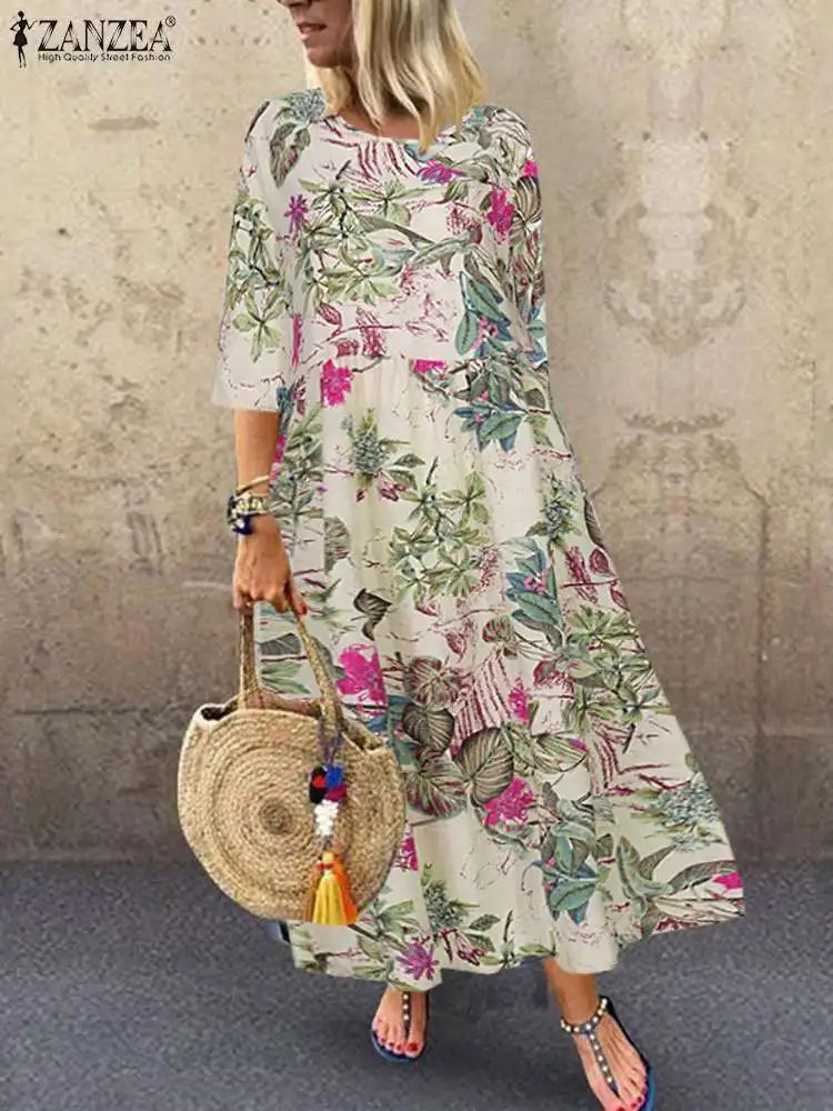Women's Summer Short Sleeve Sundress ZANZEA Woman Floral Printed Dress Bohemian Elegant Casual Oversized  Holiday Long Dresses