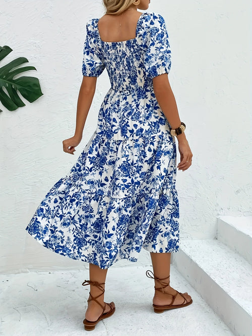 Blue Floral Smocked Bodice Puff Sleeve Midi Dress – Square Neck