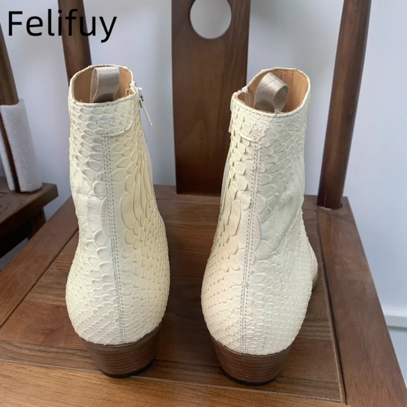 SNAKESKIN POINTED BOOTS - Men's Handmade Cow Leather Zipper Ankle Boots Snakeskin Print Party Style - Low Heel