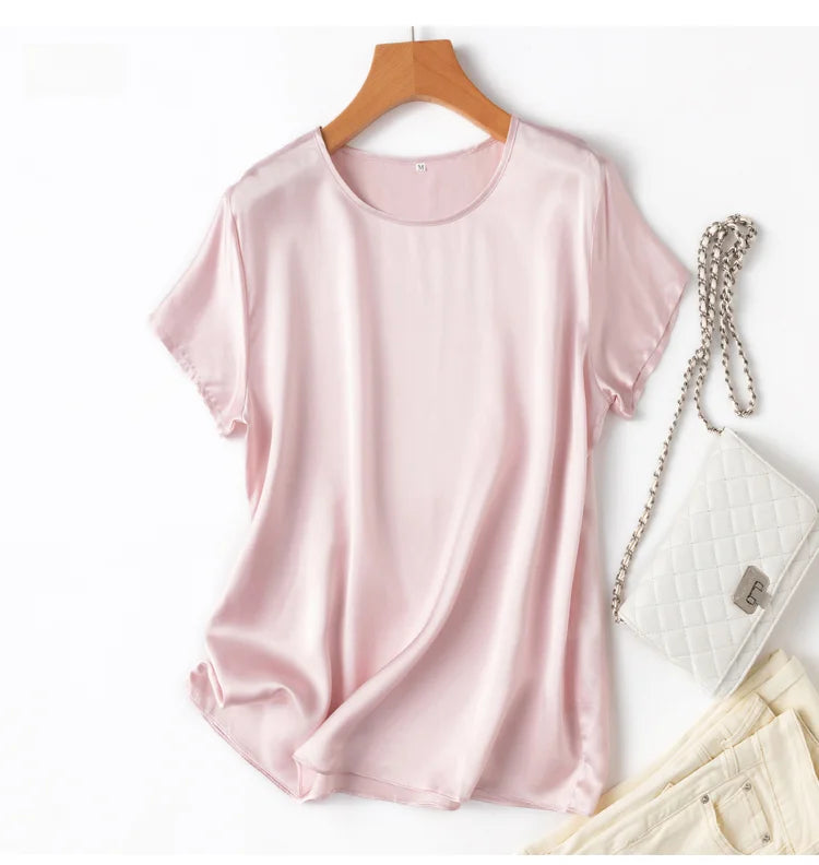 100% Mulberry Silk 19 Momme Charmeuse Silk Women Tank Top T-shirt Short Sleeve Shirt Blouse Solid Colors Summer M L XL AA4270
