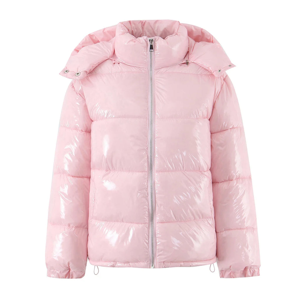 Glossy Hooded Parka – Y2K Stand Collar Zip Long Sleeve