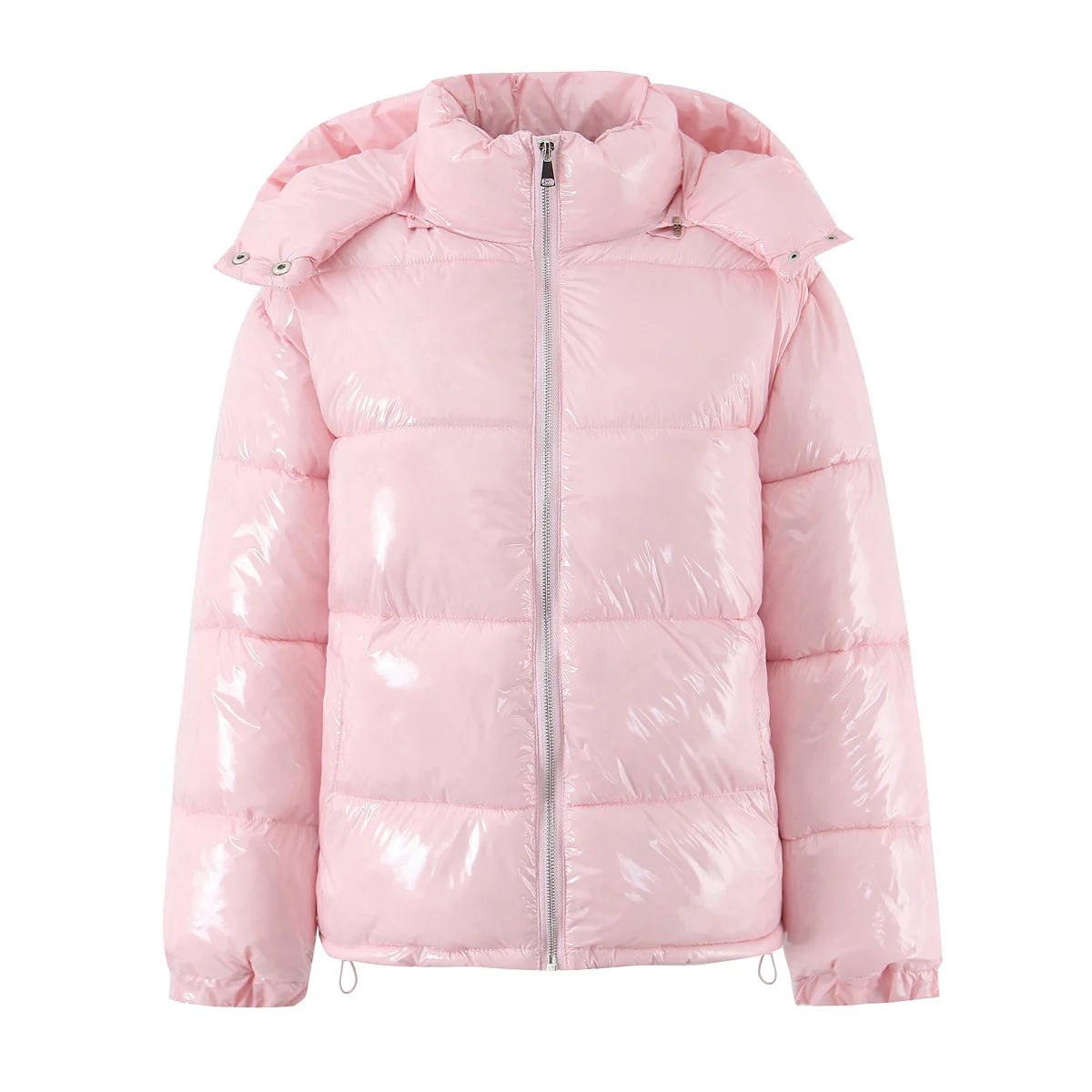 Glossy Hooded Parka – Y2K Stand Collar Zip Long Sleeve